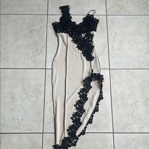 Micas Elegant Black Lace Trim Beige Slip Dress